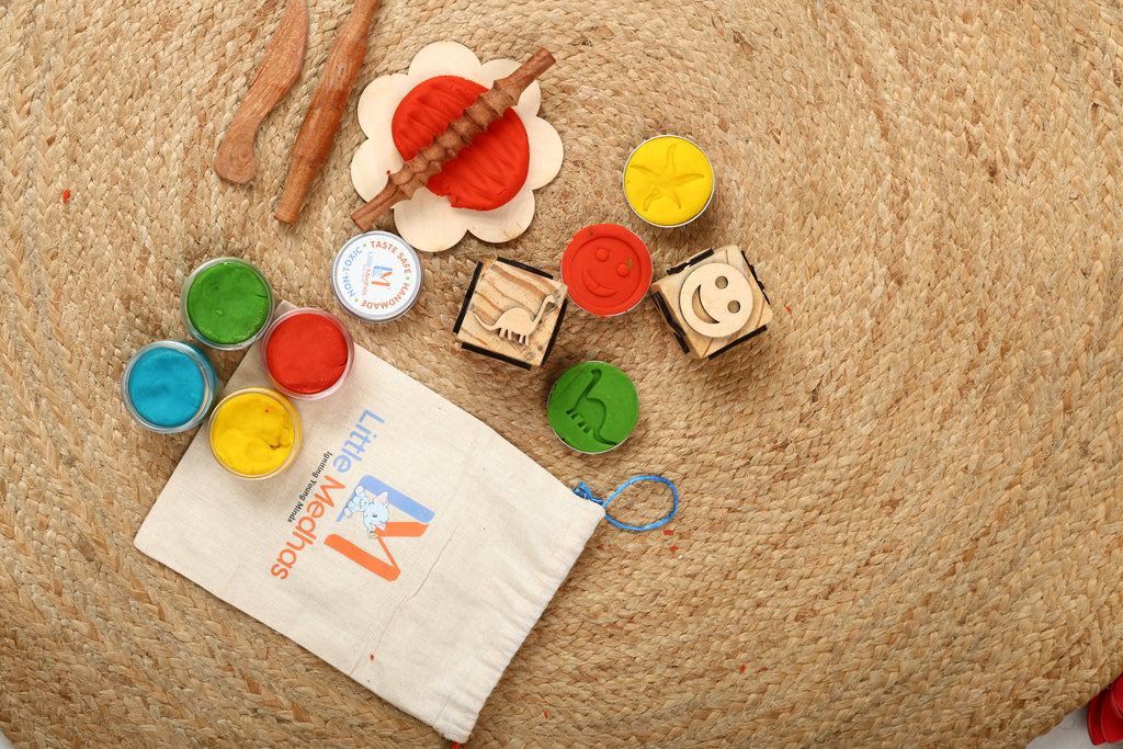 Little Medhas Play Dough Wooden Tools Kit - Natural Sensory Play Set for Kids 2+ Years